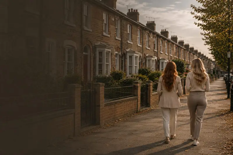 Two women in cream suits walking along a Yorkshire terraced street at golden hour (illustrative image)