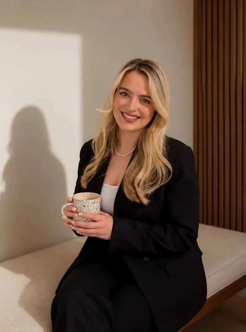 Poppy Morris, director of Heritage Property Consultants, seated and holding a mug